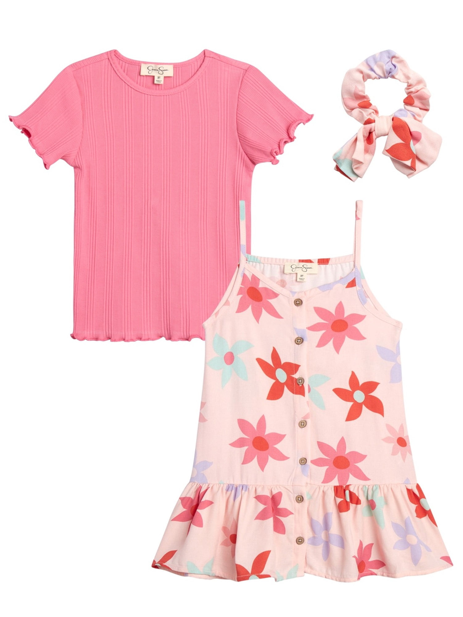 Jessica Simpson Girls' Tee, Dress and Hair Scrunchie Set, 3-Piece Sizes 4-6X