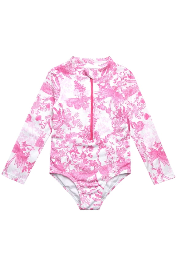 Girls' Long Sleeve Rashguard One-piece Swimsuit, Sizes 4-16