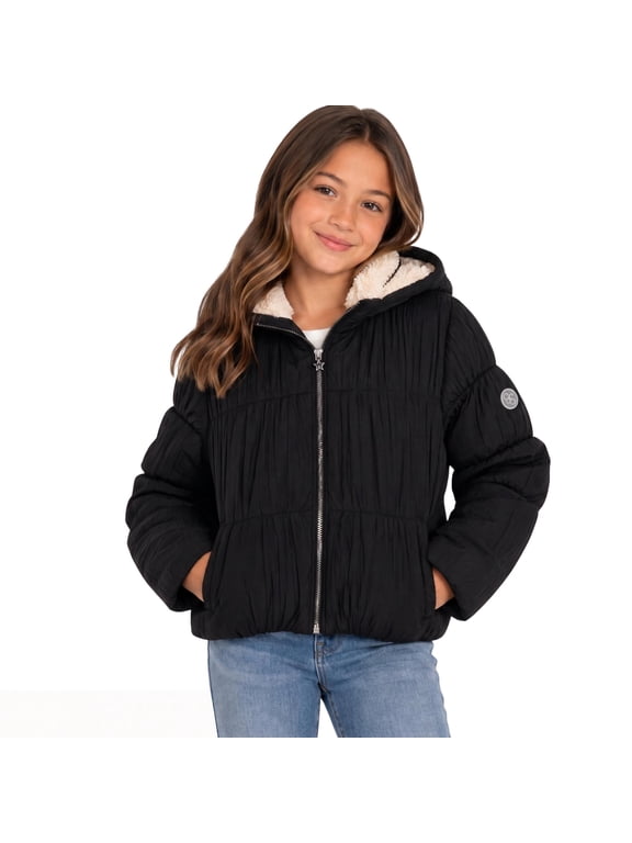 Girls Cropped Puffer Jacket Heavyweight Poly Shell Sherpa Lined Winter Jacket