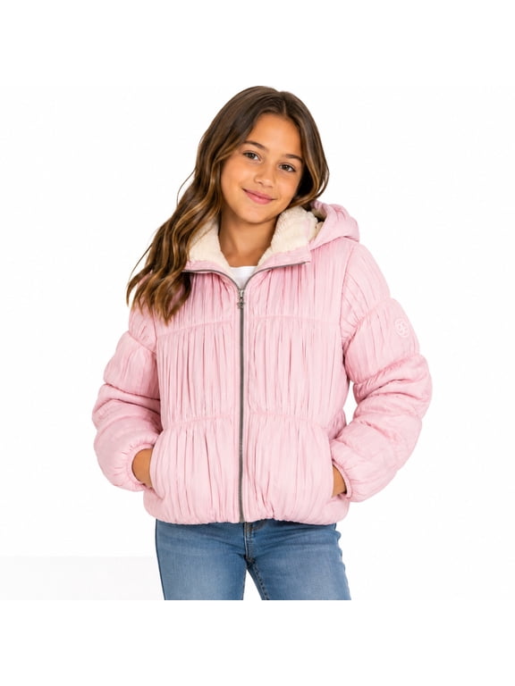 Girls Cropped Puffer Jacket Heavyweight Poly Shell Sherpa Lined Winter Jacket