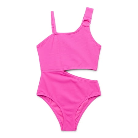 Jessica Simpson Girls Side Cutout Swimsuit with Asymmetric Shoulder Straps, 1-Piece, Sizes XS-XL