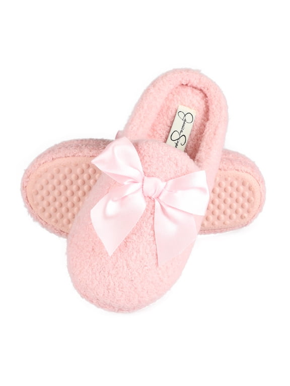 Girls Slip-On Clogs - Fuzzy Comfy Warm Memory Foam Sherpa Slippers with Satin Bow