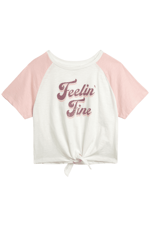 Girls' T-Shirt - Short Sleeve Knot Hem Raglan Graphic Tee - Fashion Shirt (7-16)