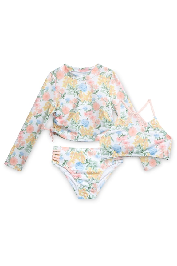 Girls' Three-piece Bikini Swimsuit Set with Rashguard, Sizes 4-16