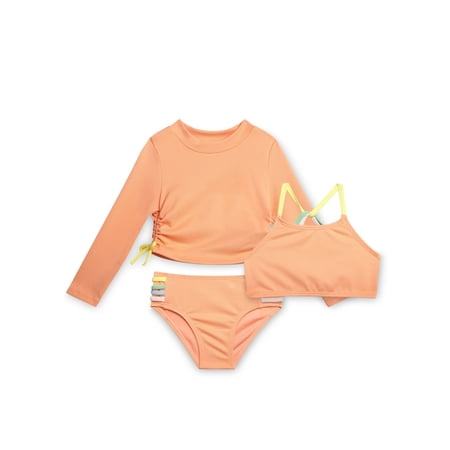 Jessica Simpson Girls' Three-piece Bikini Swimsuit Set with Rashguard, Sizes 4-16