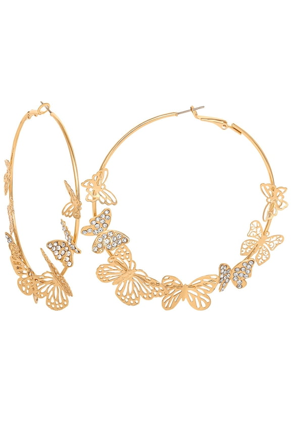 Womens Butterfly Hoop Earrings, Goldtone