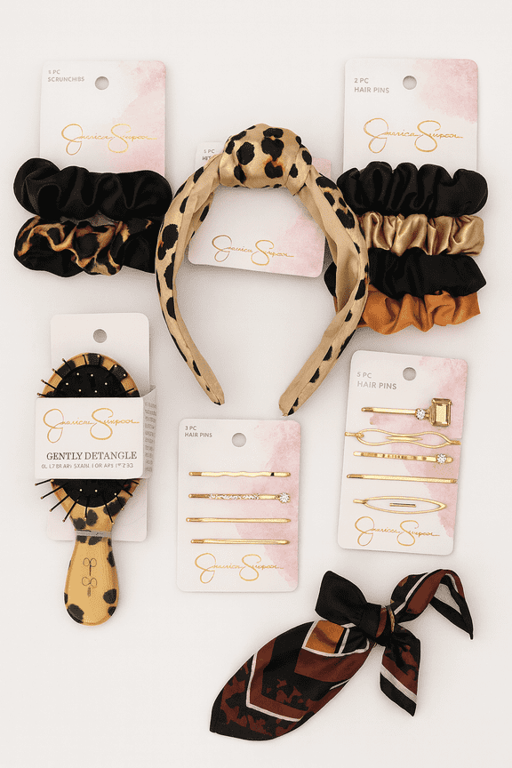 Hair Accessories Set Assorted 6 Pack (Scrunchies, Headband, Brush & Clips)