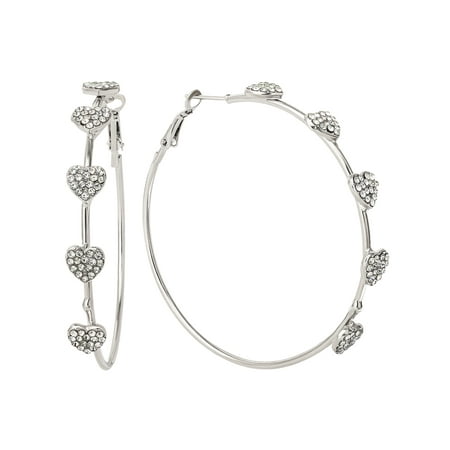 Jessica Simpson Heart Stone Hoop Earrings, Silver-tone