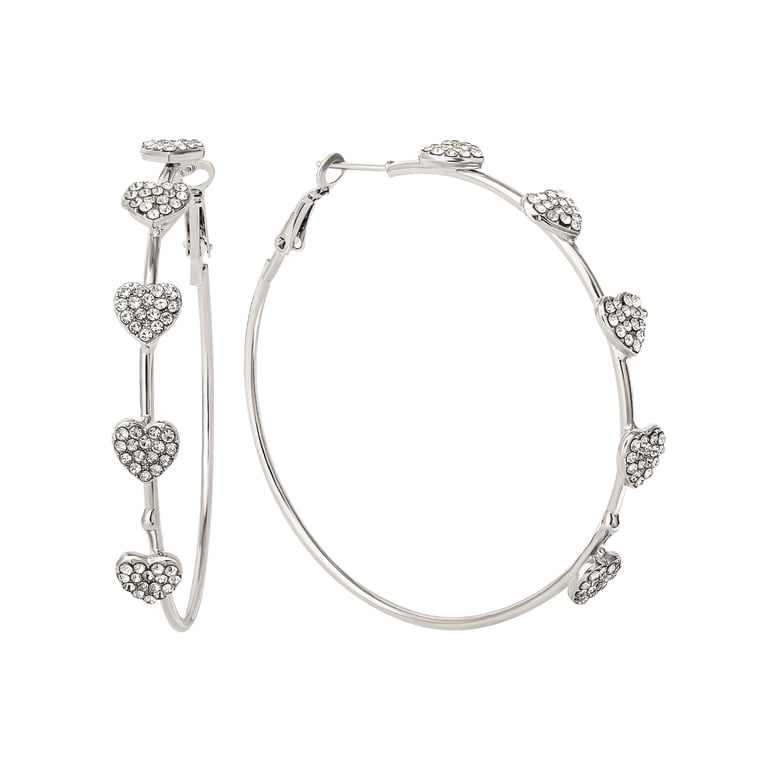 Jessica Simpson Women's Silver-Tone Heart Stone Hoop Earrings