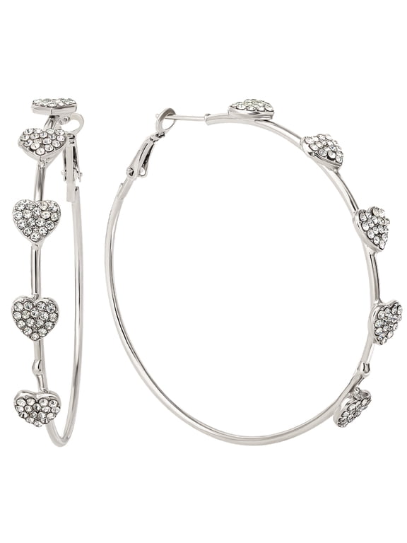 Women's Silver-Tone Heart Stone Hoop Earrings