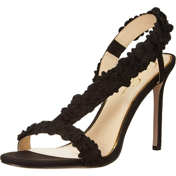Jessica Simpson Jessin Black Suede Open Toe Flower Strap High Heel Dress Sandal (Black, 6)