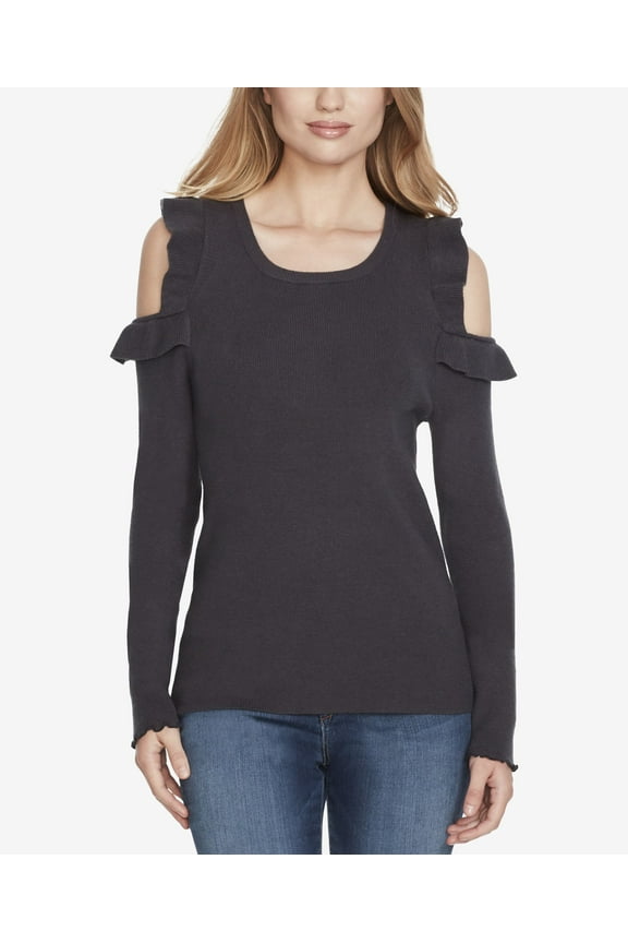 Juniors Ruffled Cold Shoulder Sweater Dark Grey XS