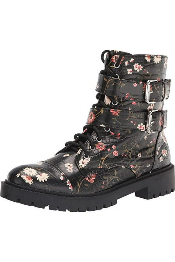 Kerina Black Multi Block Heel Lace Up Combat Moto Ankle Boots (Black Multi, 5.5)