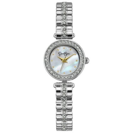 Jessica Simpson Ladies 22mm Silver Tone Mini Mother Of Pearl Dial Crystal Bezel Bracelet Watch