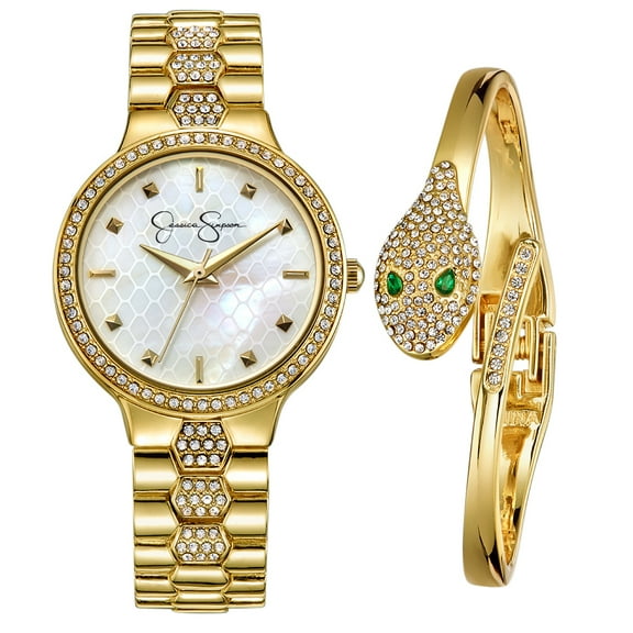 Jessica Simpson Ladies 34mm Gold Tone Crystal Accent Mother Of Pearl Dial Bracelet Watch & Crystal Encrusted Snake Bangle