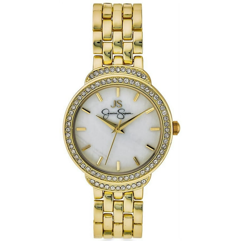 Jessica Simpson Ladies 35mm Gold Tone Crystal Accent Genuine Mother Of Pearl  Dial Bracelet Watch