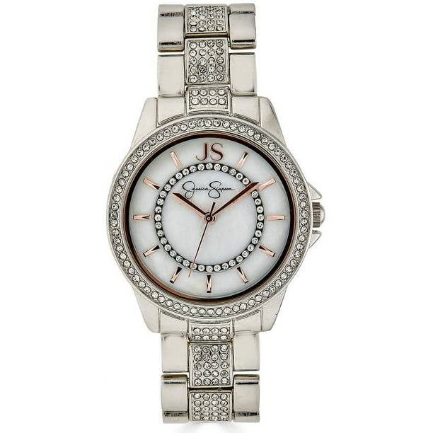 Jessica Simpson Ladies 37mm Silver Tone Crystal Accent Genuine