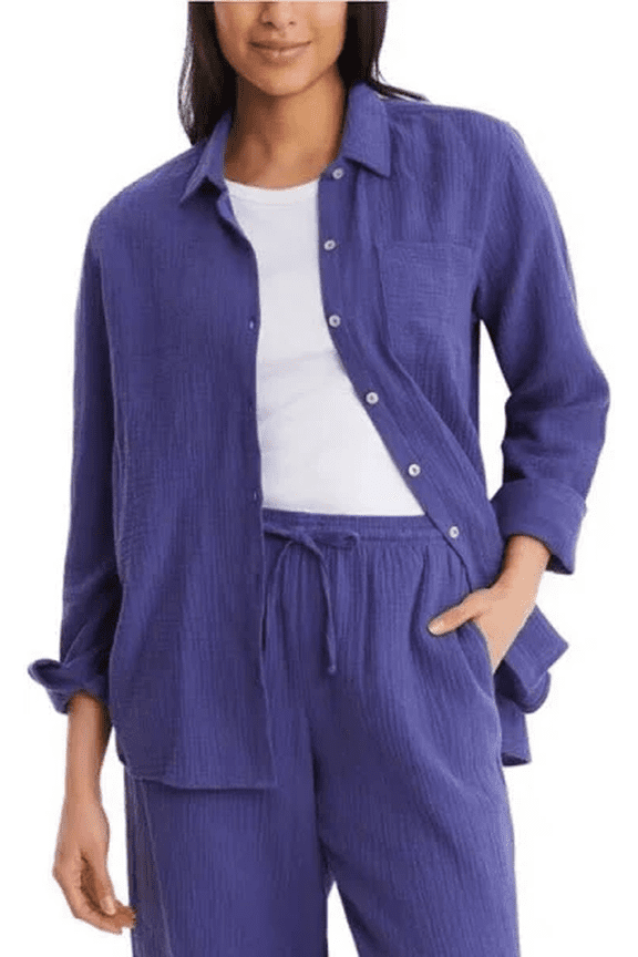 Ladies' Gauze Button Front Shirt, (Blue, Medium)