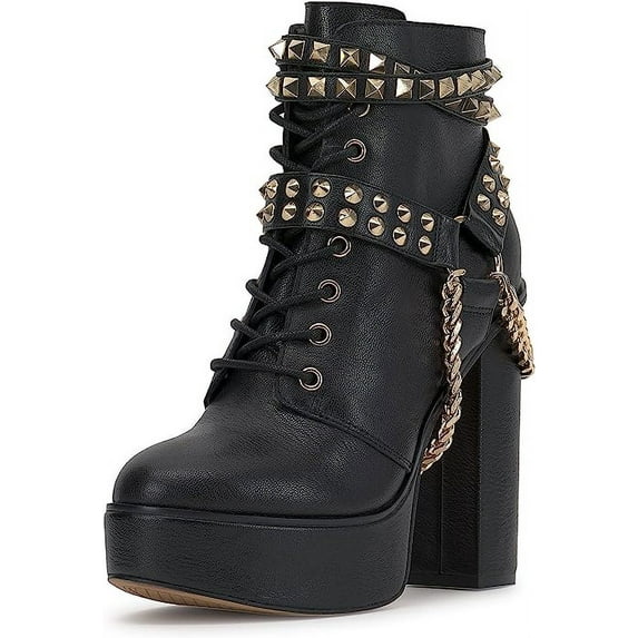 Jessica Simpson Lannoli Black Leather Studded Chain Lace Up Block High Heel Boot (Black, 11)