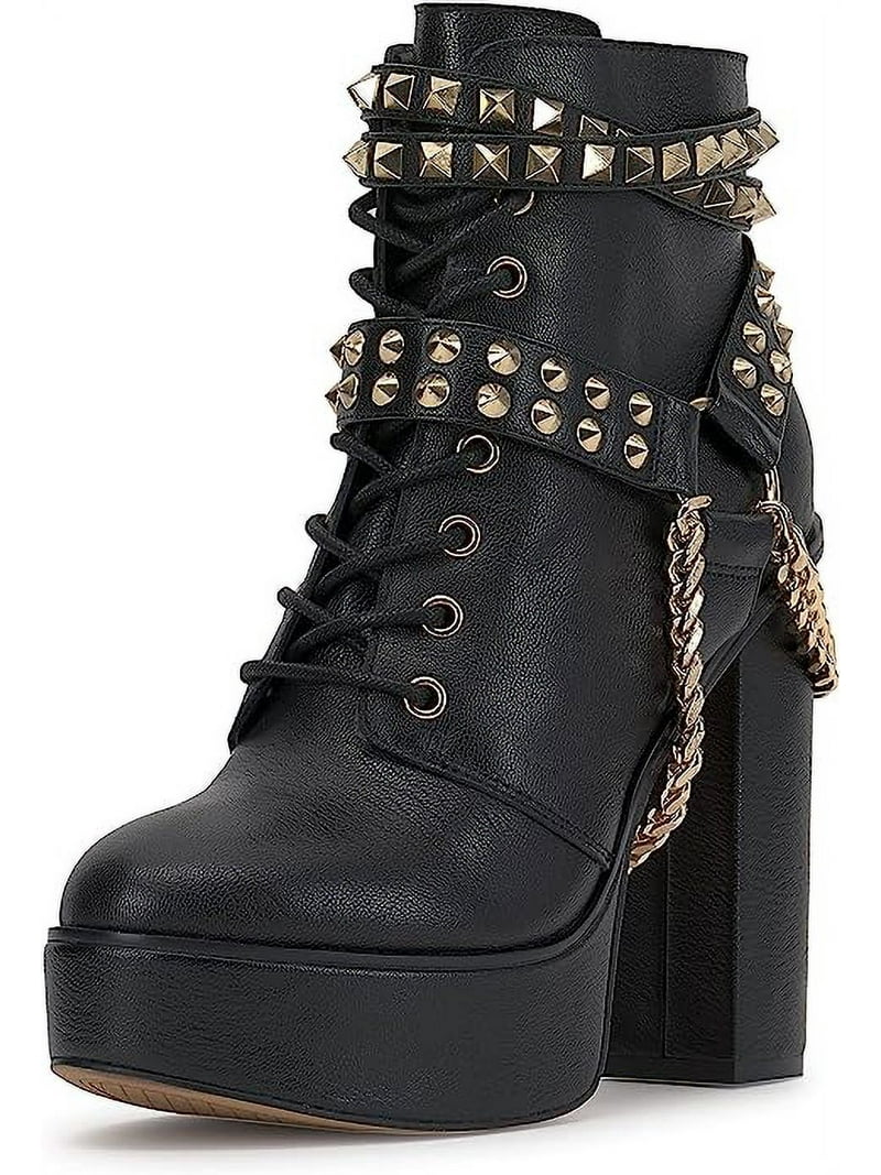 Jessica Simpson Lannoli Black Leather Studded Chain Lace Up Block - Main Image