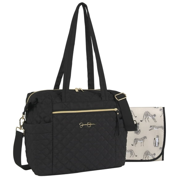 Jessica Simpson Large Black Diamond Stylish Quilted Multi-Pocket Dual Zipper Closure Fashion Diaper Bag Travel Tote Satchel with Luggage Strap, Running Cheetah Print Interior & Changing Pad
