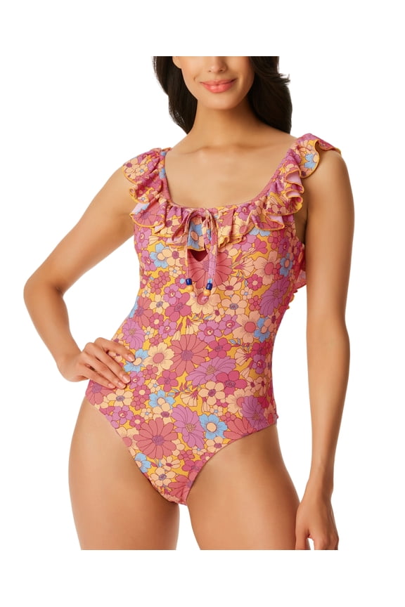 MULTI Floral Rendevous Ruffled-Neck One Piece Swimsuit, US Large