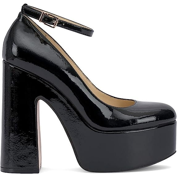 Jessica Simpson Macee Black Buckle Ankle Strap Block Chunky High Heel Pump Shoes (Black, 5)