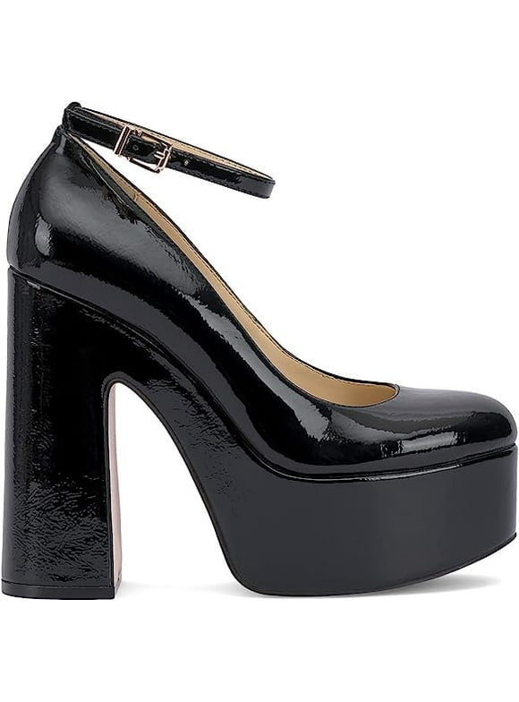 Jessica Simpson Macee Black Buckle Ankle Strap Block Chunky High Heel Pump Shoes (Black, 7)