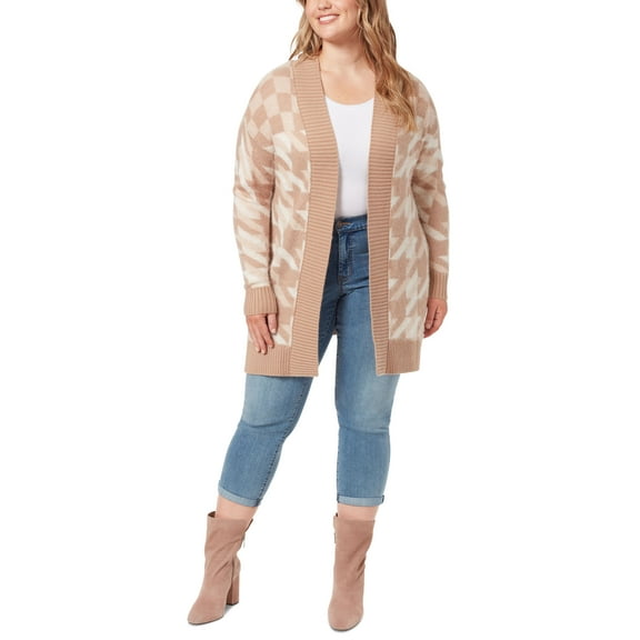 Jessica Simpson Meghan Open Front Cardigan Houndstooth Check - Eggnog 2X