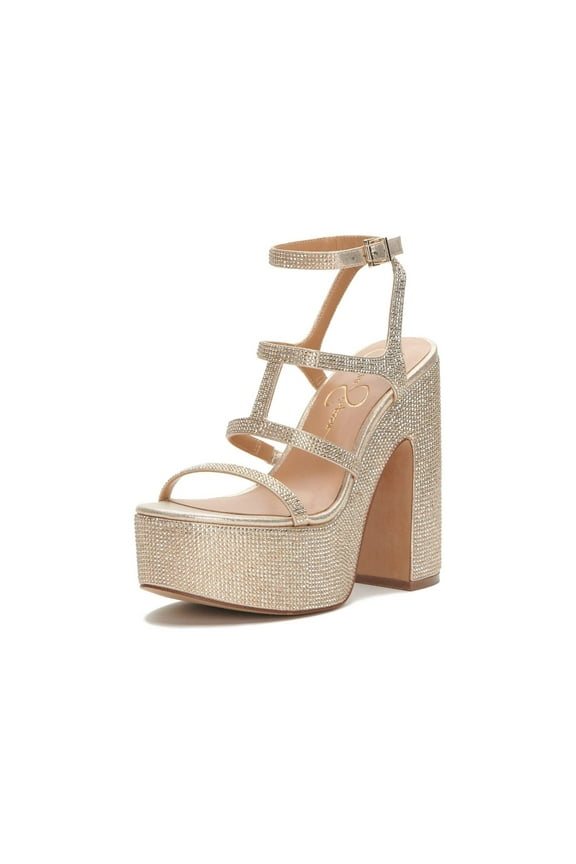 Meitini Rhinestone Ankle Strap Block Heel Open Toe Heeled Sandal (Subtle Gold, 7.5)