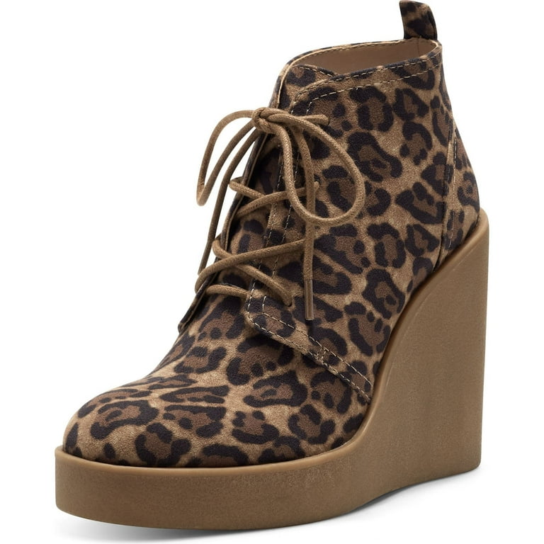 Jessica Simpson Mesila Leopard Wedge Closed Round Toe Lace Up Ankle Booties Natural 10
