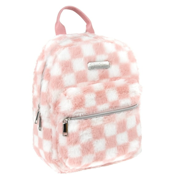Jessica Simpson Mini Plush Checkered Backpack for Women for Going Out, Work, Commuting & Traveling in Peach Checkered Plush