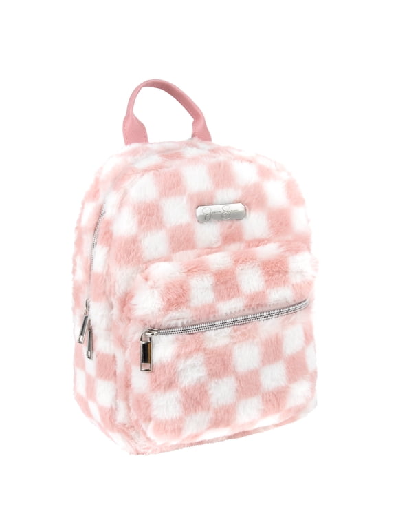 Mini Plush Checkered Backpack for Women for Going Out, Work, Commuting & Traveling in Peach Checkered Plush