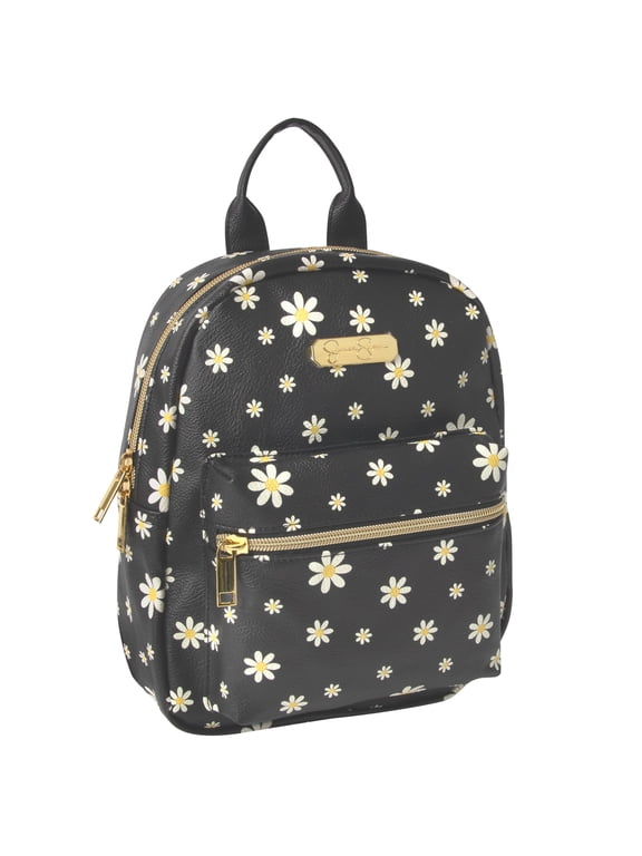 Mini Waterproof Vegan Leather Backpack for Women, Commuting & Traveling in Black Flowers