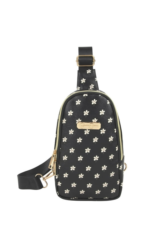 One Strap Mini Crossbody Sling Bag Backpack in Black with White Daisies