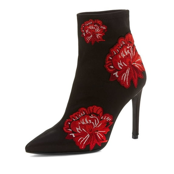 Jessica Simpson Pelanna Black Embroidered Flowers Pull On Stiletto Ankle Booties (Black, 7)