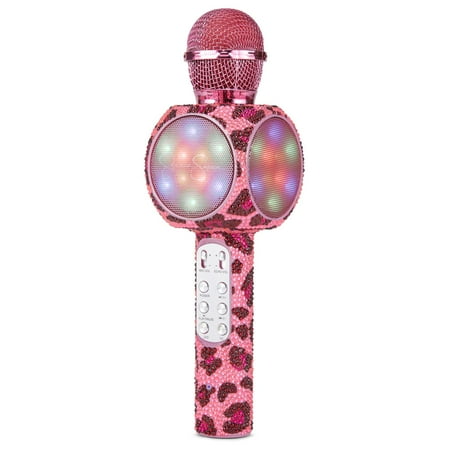 Jessica Simpson Wireless Bluetooth Karaoke Microphone, 3-in-1 Portable Handheld Mic Speaker for All Smartphones,Gifts for Girls Kids Adults All Age Leopard Pink