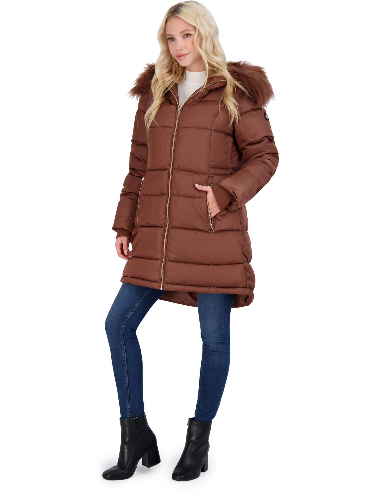 Jessica Simpson Women s Long Thick Quilted Puffer Coat w Faux Fur Hood Winter Style Walmart