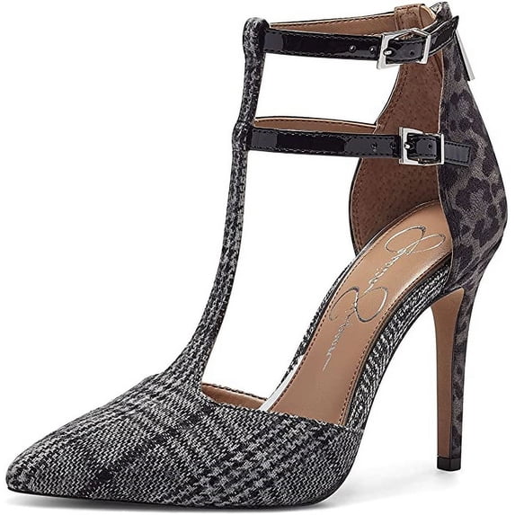Jessica Simpson Pyllah Black White Plaid High T-Strap Pointed Toe Dress Pumps (Black/White, 7.5)
