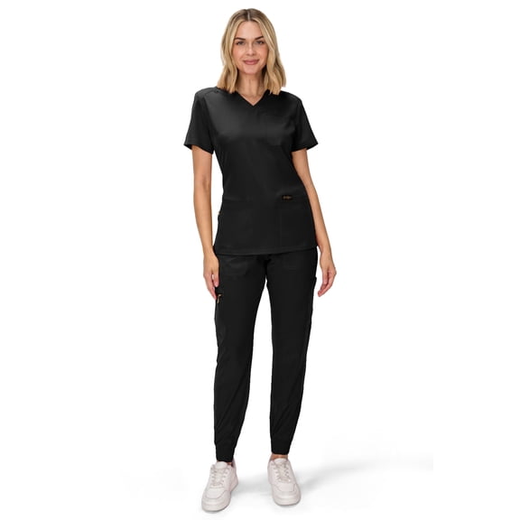 Jessica Simpson Scrubs Women's Medical Scrub Set, Premium 3-Pocket V-Neck Top & 6-Pocket Jogger Scrub Pants, 2-Piece Uniform Combo Set