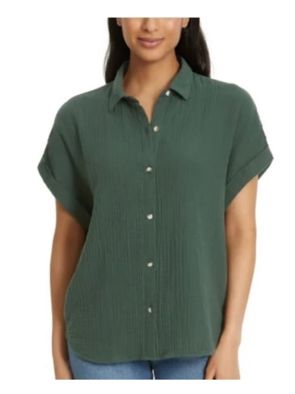 Short Sleeve Gauze Button Shirt, Women's Green Medium