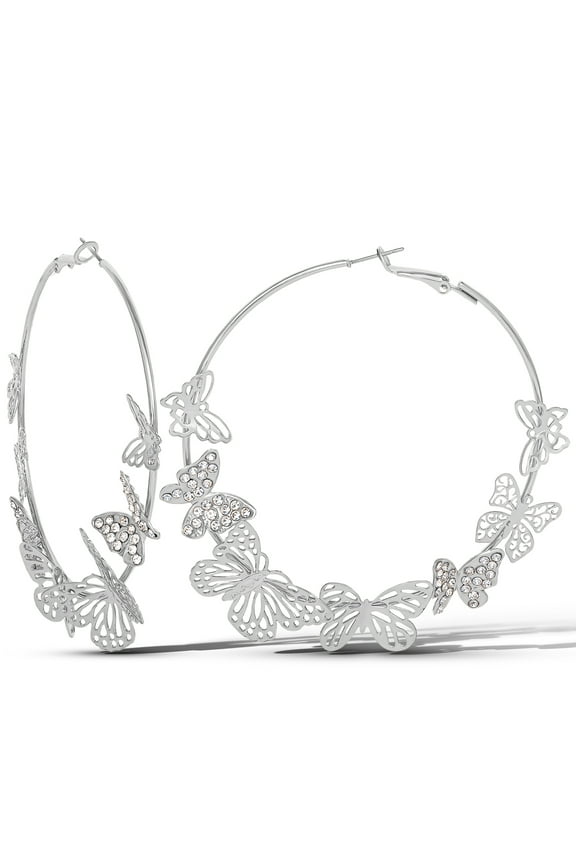 Womens Butterfly Hoop Earrings, Silvertone