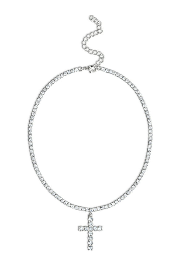 Women's Pave Cubic Zirconia Cross Necklace, 15" + 3"