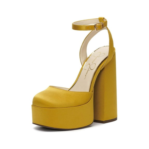 Jessica Simpson Skilla Yellow Mustard Satin Platform Pump Buckle Strap Block Heel (Satin Brass, 8)