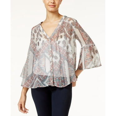 Jessica Simpson Skip Printed Crochet Trim Peasant Top Light Pastel Red L