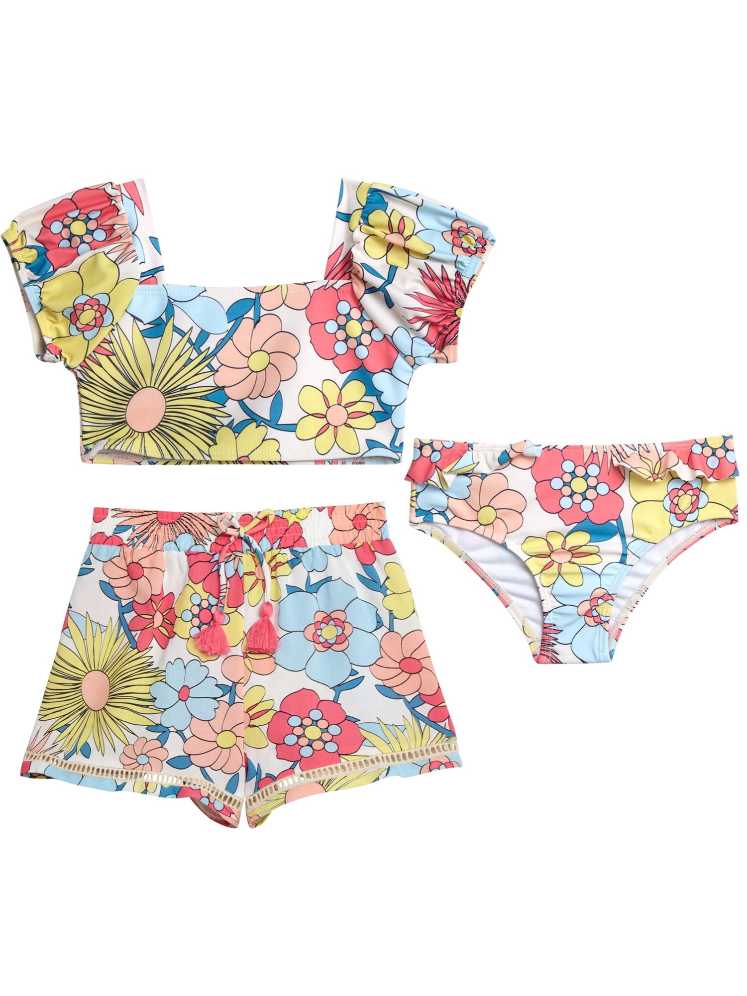 Jessica Simpson Toddler Girl Swimsuit Set with Shorts, 3- Piece Set, Sizes 2T-4T