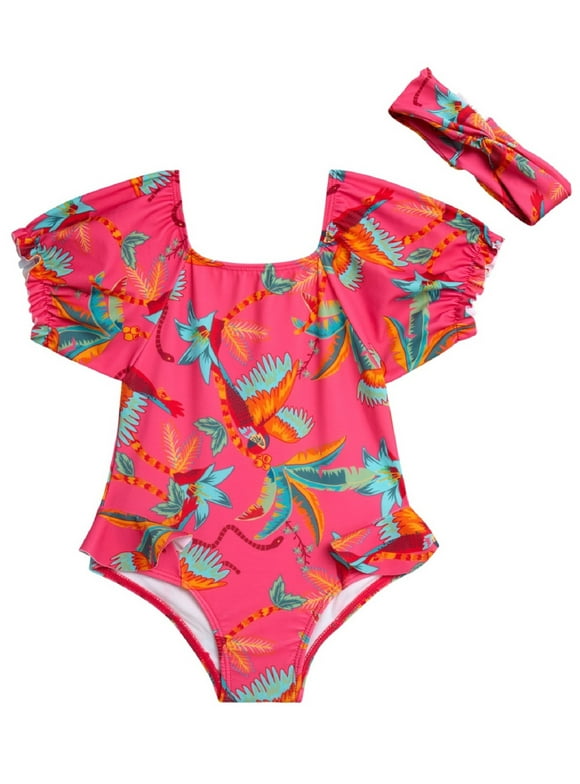 Toddler Girl Rash Guard Swimsuit with Headband, Sizes 12M-24M