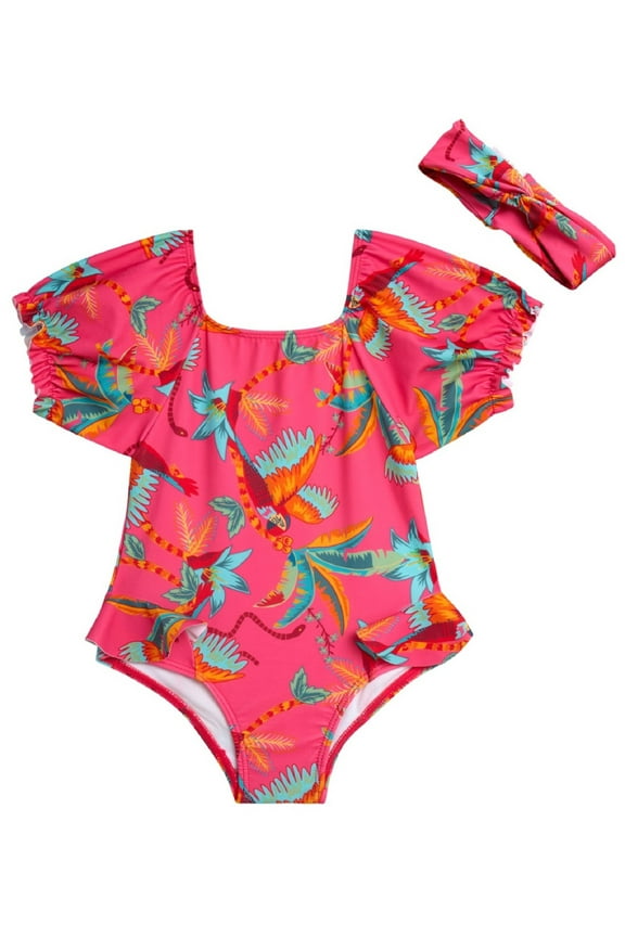 Toddler Girl Rash Guard Swimsuit with Headband, Sizes 12M-24M