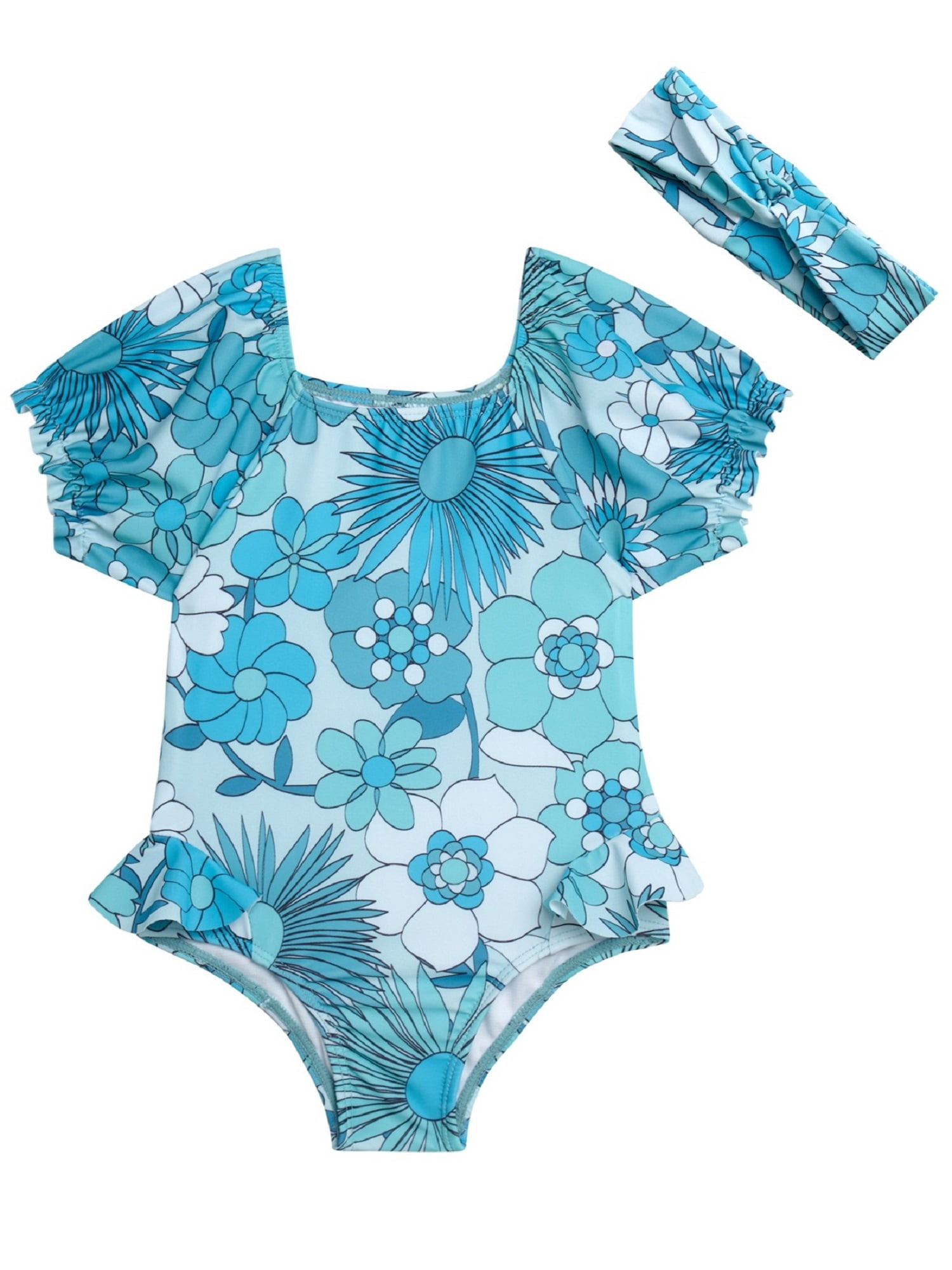 Jessica Simpson Toddler Girl Rash Guard Swimsuit with Headband, Sizes 12M-24M
