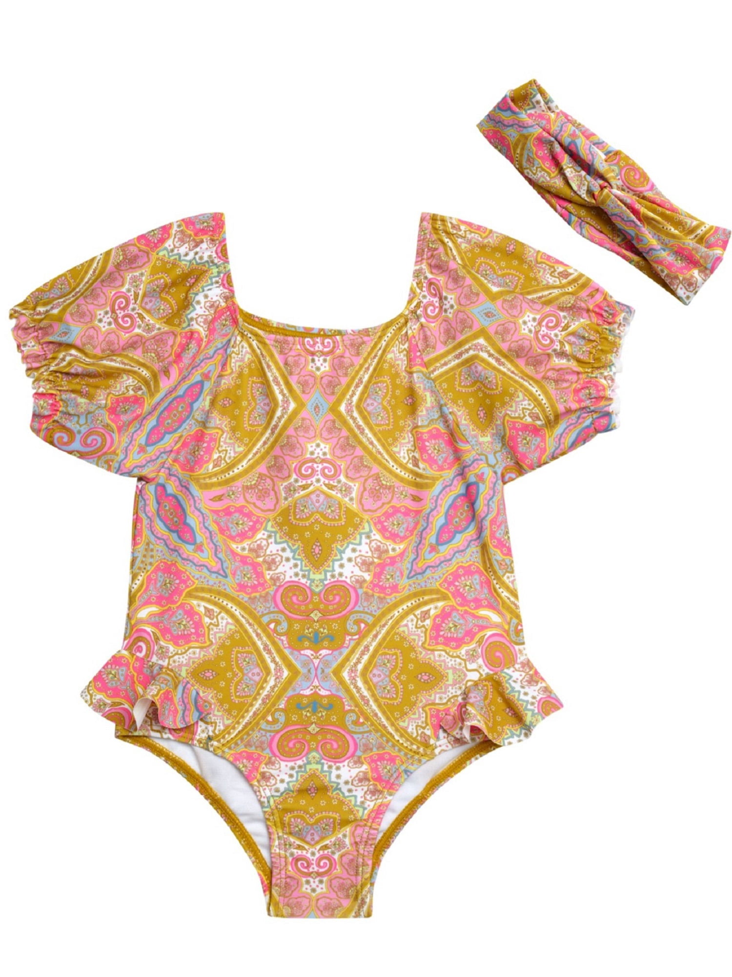 Seafolly Girls' Short Sleeve One-Piece Swimsuit - Adjustable Tie Back, Lace Trim, Full Coverage